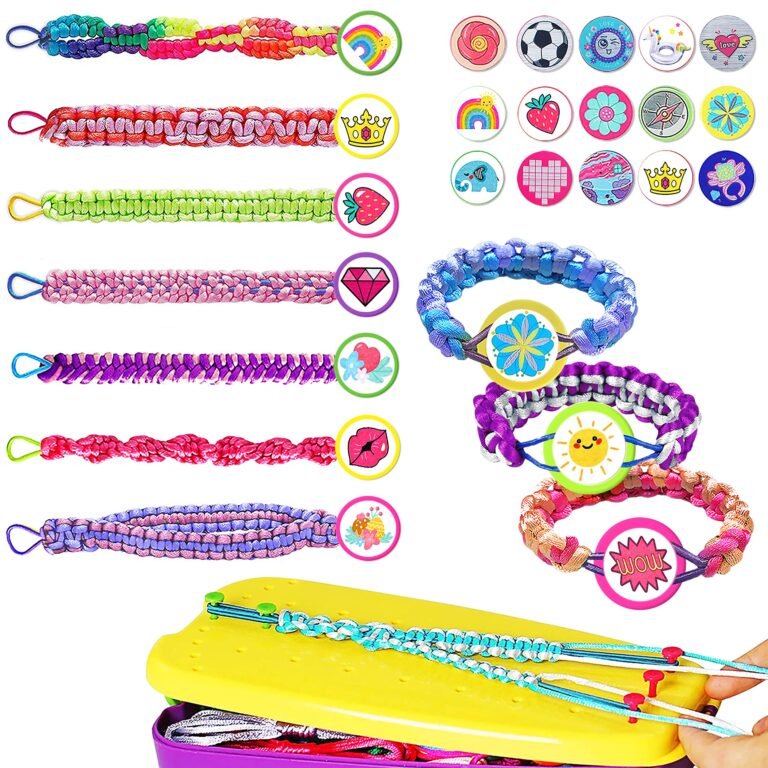 Colorful friendship bracelets, charms, and a bracelet-making kit