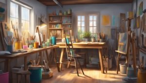 Cozy artist's studio with easels, paintbrushes, and natural light from windows