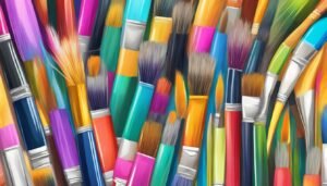 A colorful, abstract painting of many paintbrushes in various colors