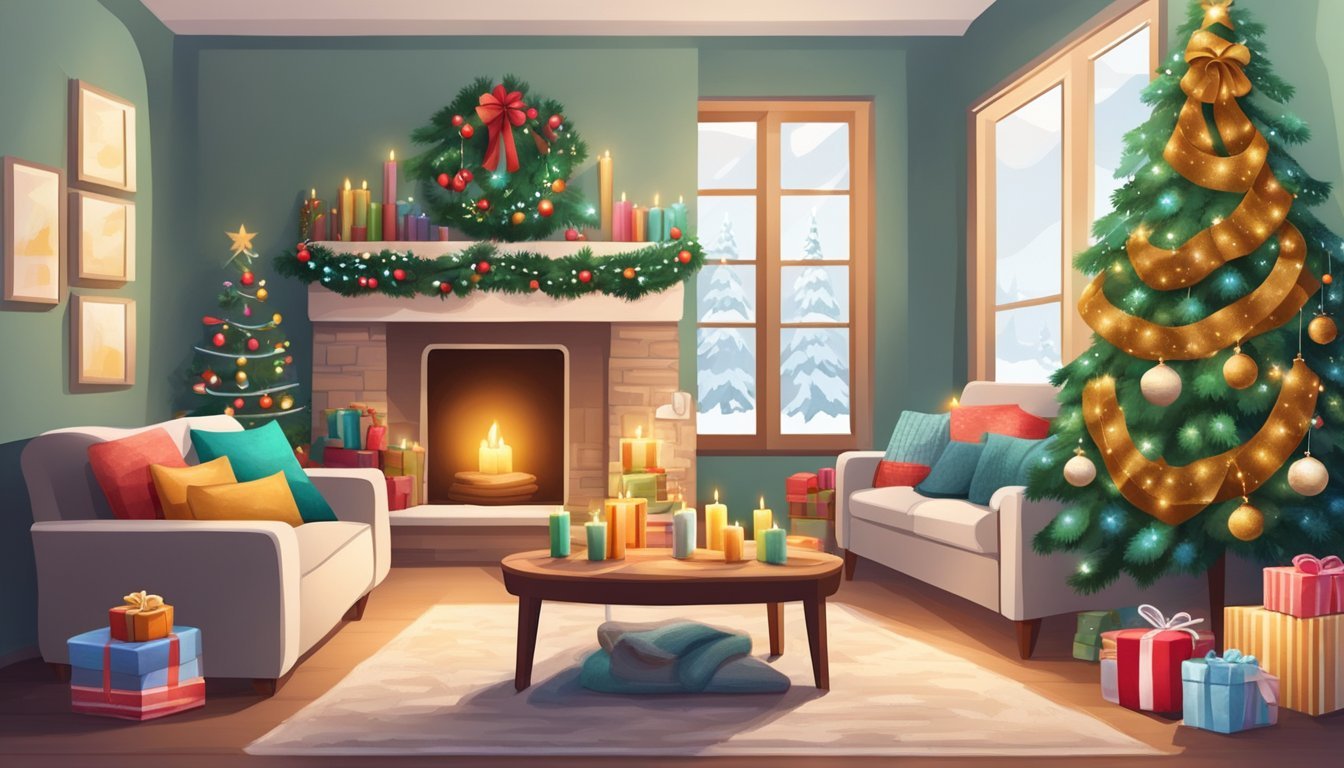 Cozy living room decorated for Christmas with a tree, fireplace, and gifts