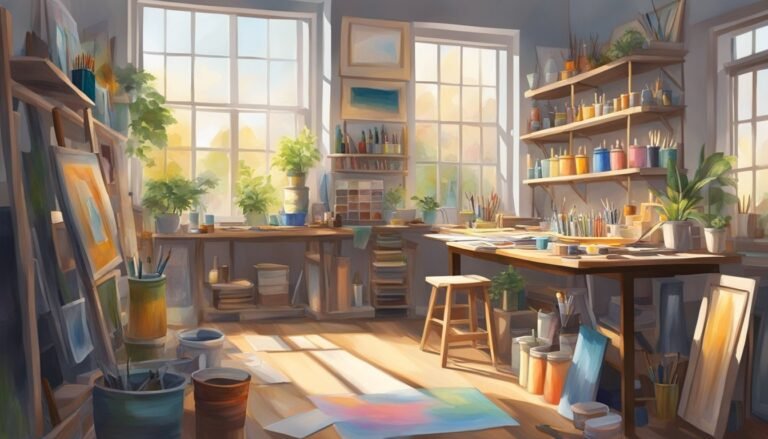 Cozy artist's studio with easels, paint supplies, and large windows with sunlight