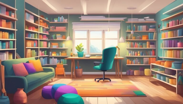 Cozy home office with bookshelves, desk, and colorful decor