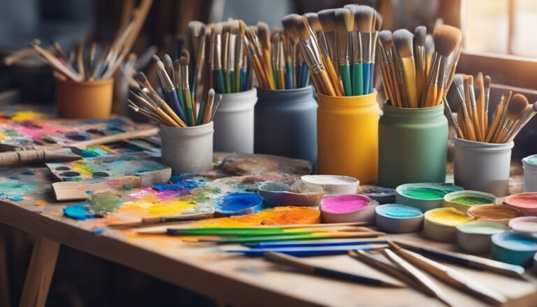 Art supplies on a wooden table: paintbrushes, paint, and palettes