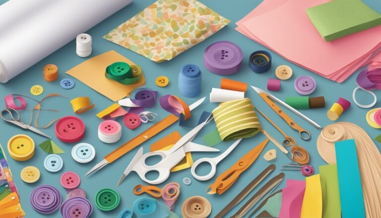 Craft supplies including buttons, scissors, paper, and ribbon arranged on a blue surface