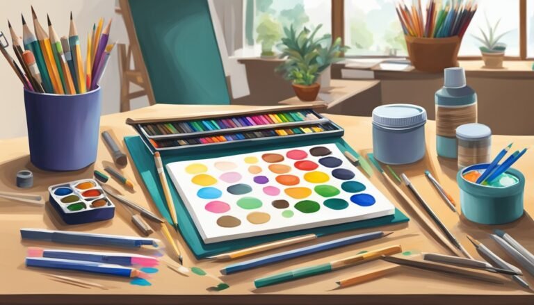 Art supplies on a table: pencils, paints, brushes, and a palette