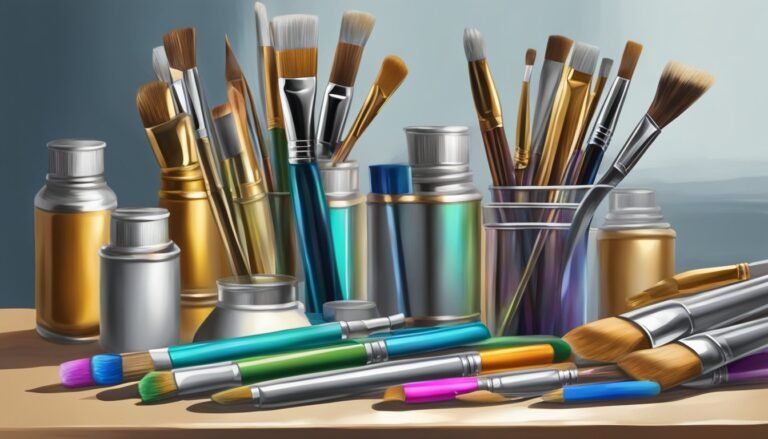 Paintbrushes and paint bottles on a wooden surface, art supplies