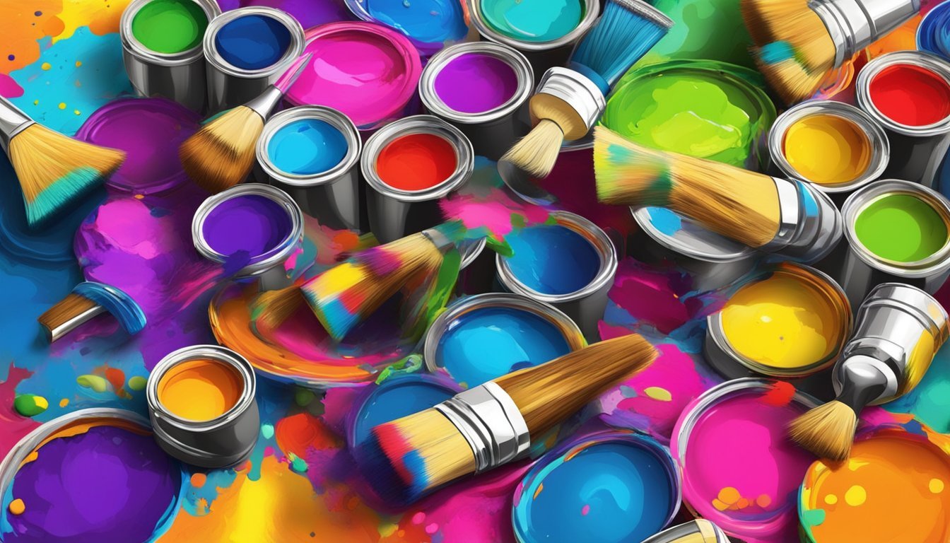 Paint cans and paintbrushes in a colorful, abstract artistic arrangement