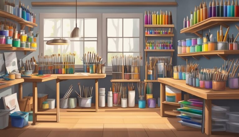 Art studio with paintbrushes, paints, and art supplies on shelves and tables