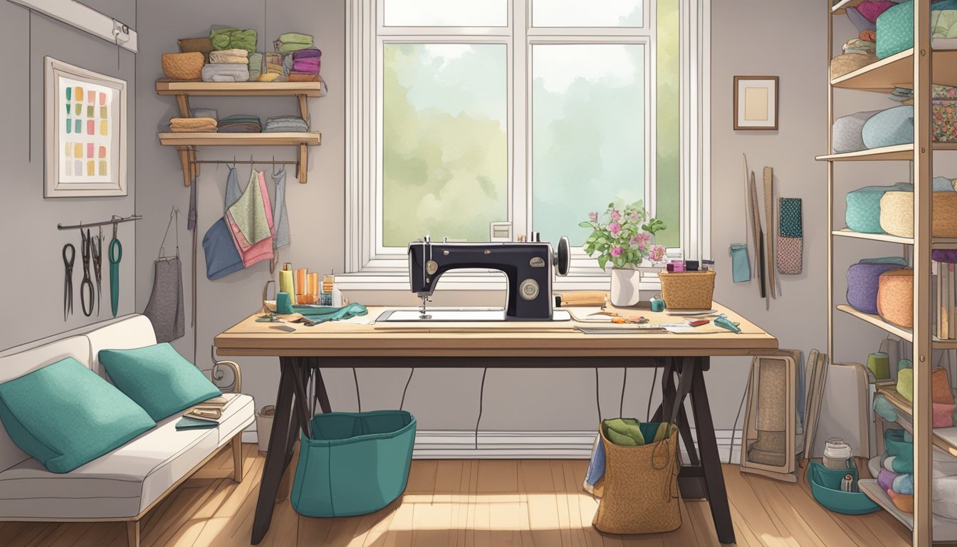 Cozy sewing room with sewing machine on a table near a window