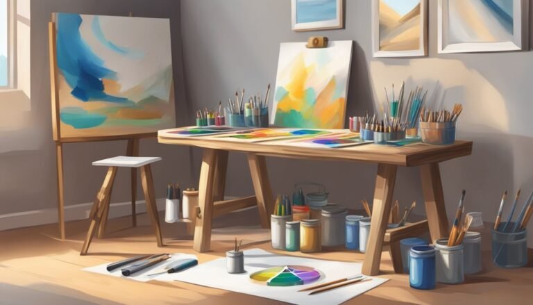 Art studio with easels, paintbrushes, and colorful abstract paintings