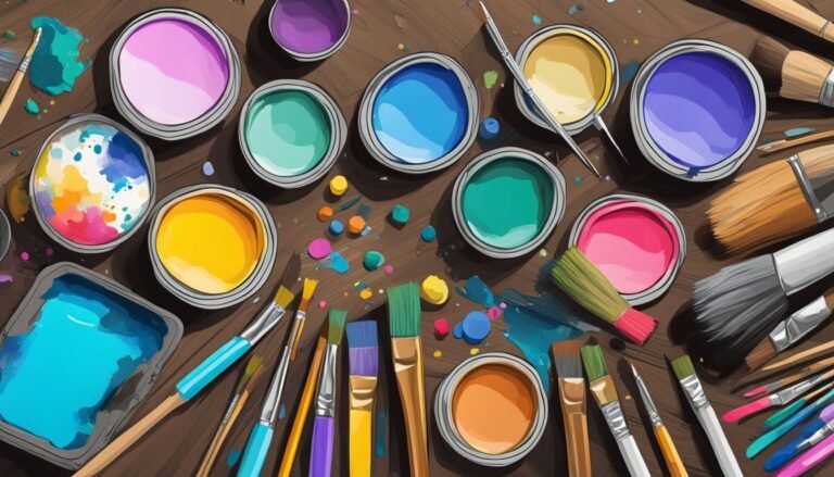 Overhead view of paint cans, brushes, and colorful paint splatters on wood