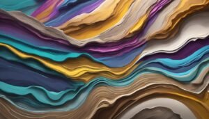 Abstract art with layered, wavy bands of vibrant colors