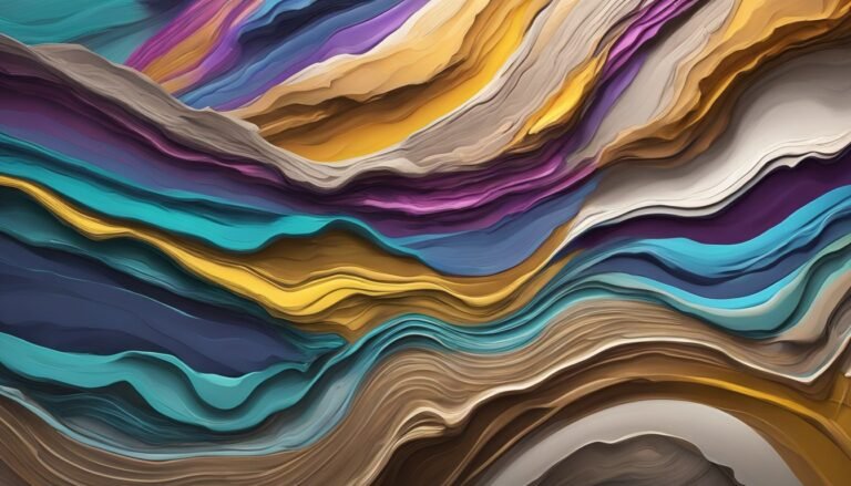Abstract art with layered, wavy bands of vibrant colors