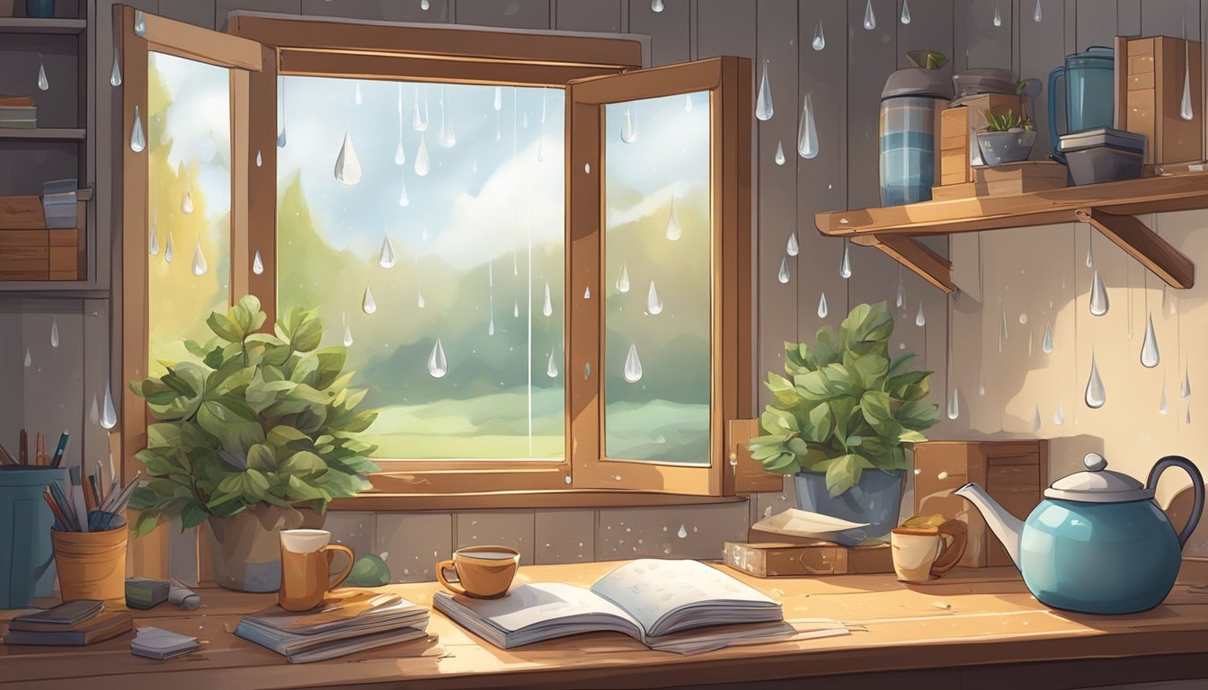 Cozy interior with open window, rain, plants, books, and a teapot
