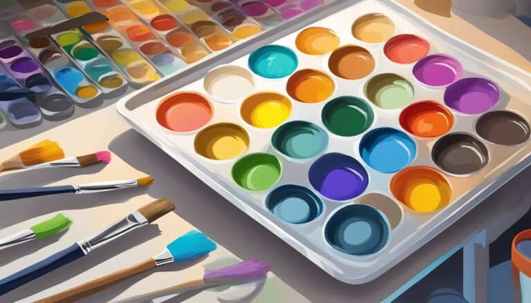 Watercolor paint palettes with various colors and paintbrushes