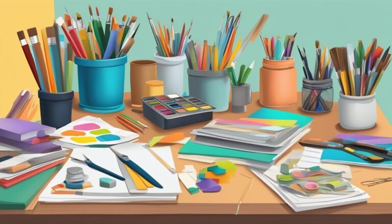 Art supplies, including brushes, paints, and paper, on a messy desk