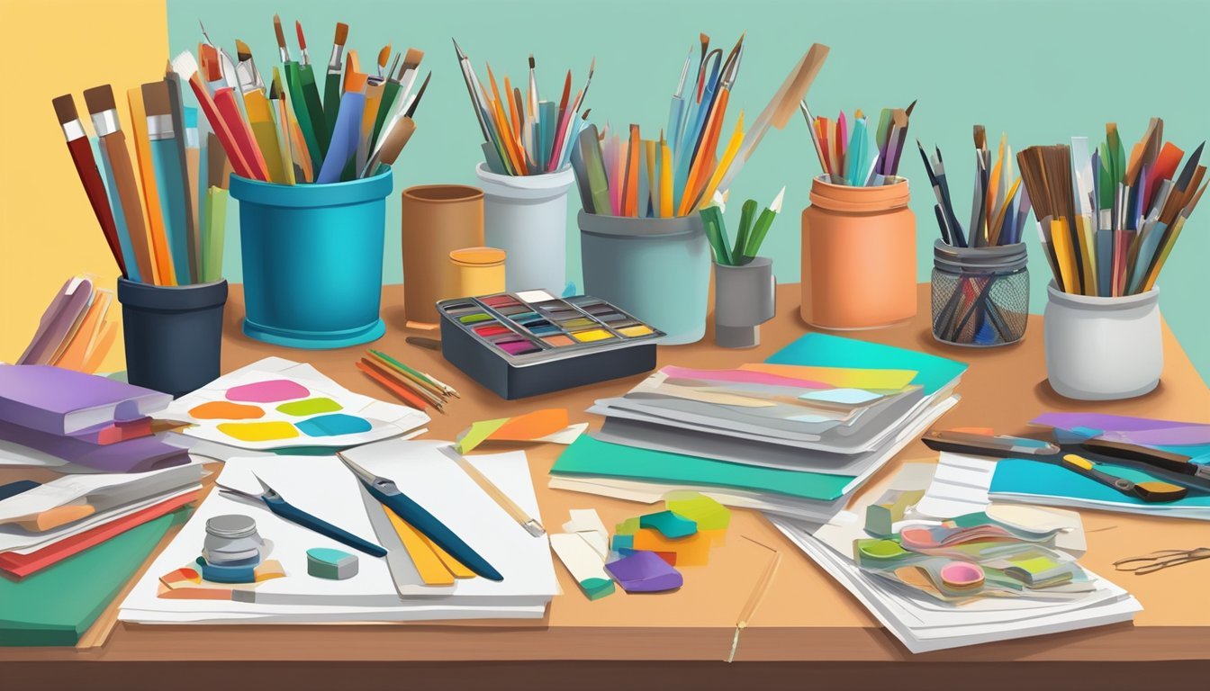 Art supplies, including brushes, paints, and paper, on a messy desk