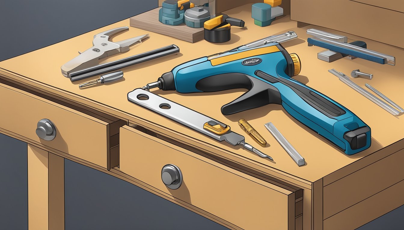 A glue gun held above a wooden drawer, with custom drawer pulls being attached to it.</p><p>Various materials and tools scattered around the workspace