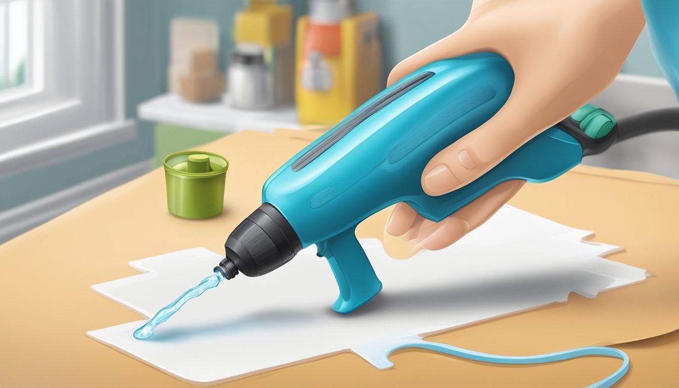A glue gun applying adhesive to seal small leaks in household items