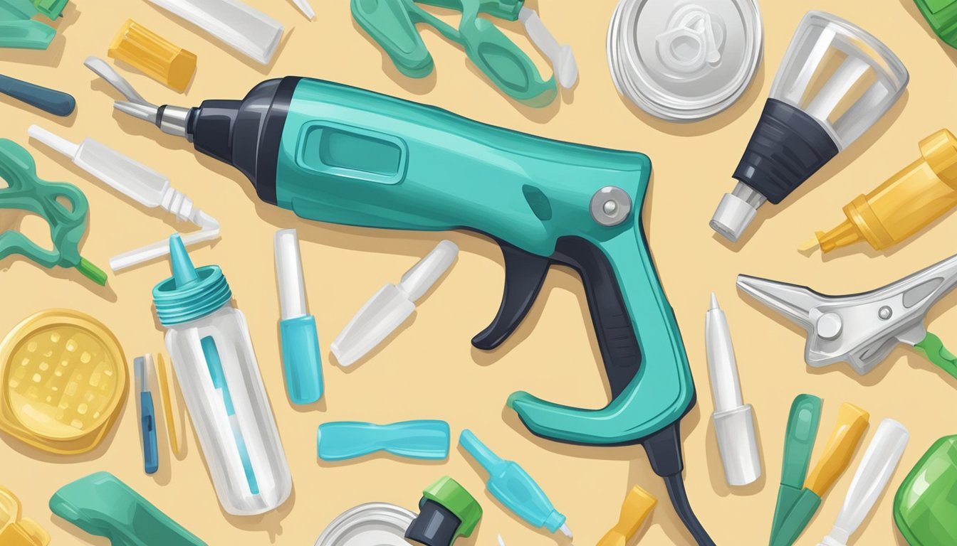 A glue gun is used to attach decorative elements to mason jar lids on a crafting table
