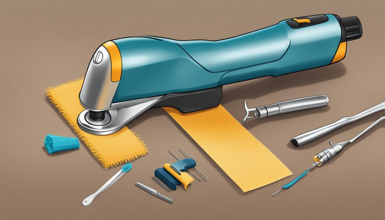 A glue gun is used to repair a frayed carpet edge, with a roll of carpet and a pair of scissors nearby