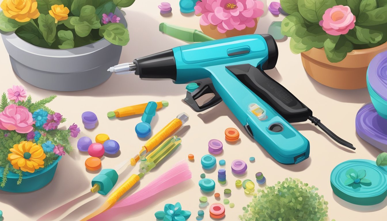 A glue gun is used to attach decorative elements to a planter, such as beads, sequins, and ribbons.</p><p>The planters are arranged on a table with various craft supplies scattered around