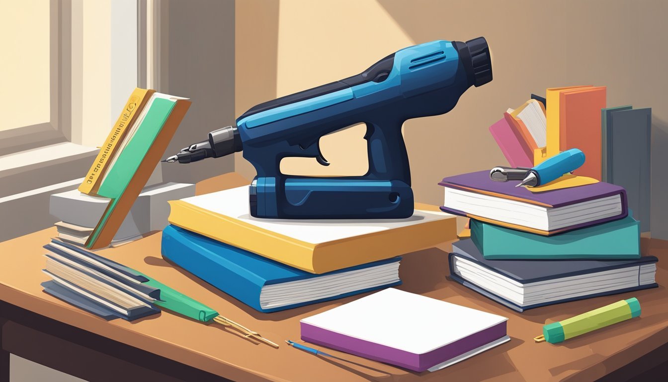 A glue gun sits on a table next to a stack of books, with custom bookends in the shape of various objects nearby