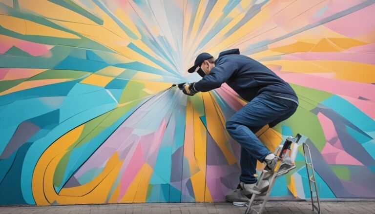 Artist painting a colorful geometric mural while standing on a ladder