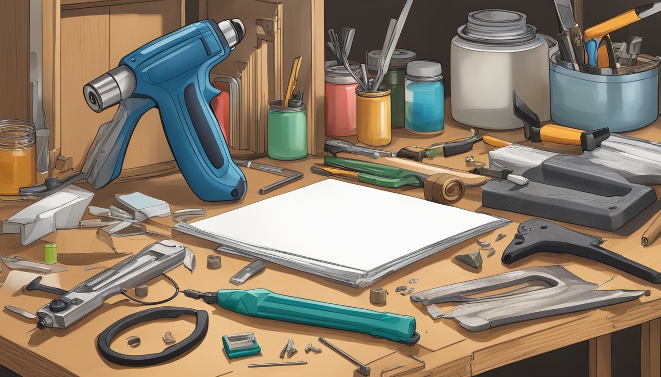 A glue gun sits on a cluttered workbench, surrounded by various household items in need of repair.</p><p>A broken vase, a loose cabinet handle, and a cracked picture frame await attention