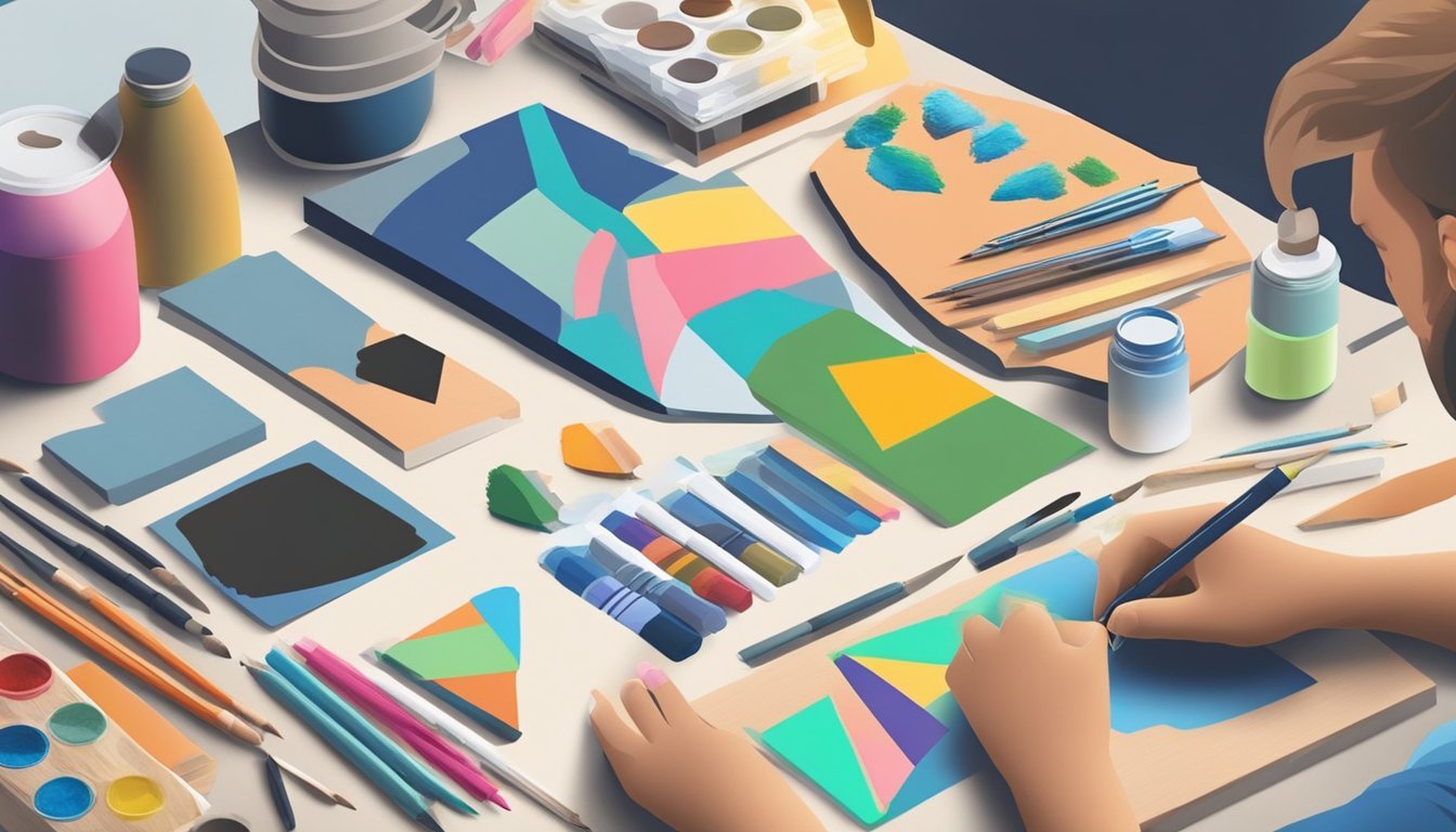 A hand holding various stencil materials with different textures and thicknesses, surrounded by art supplies on a work surface