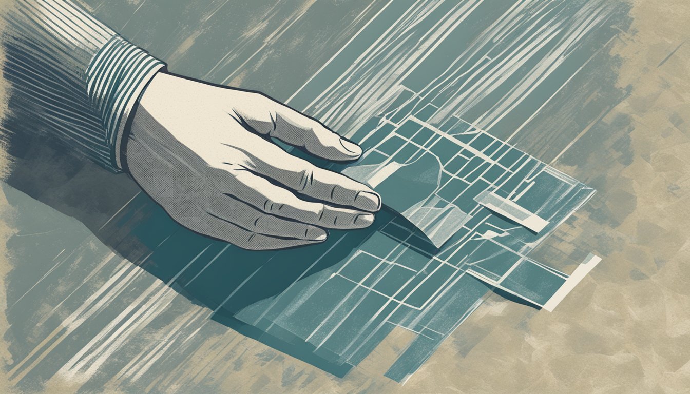 A hand holding a stencil firmly in place with tape on a textured surface
