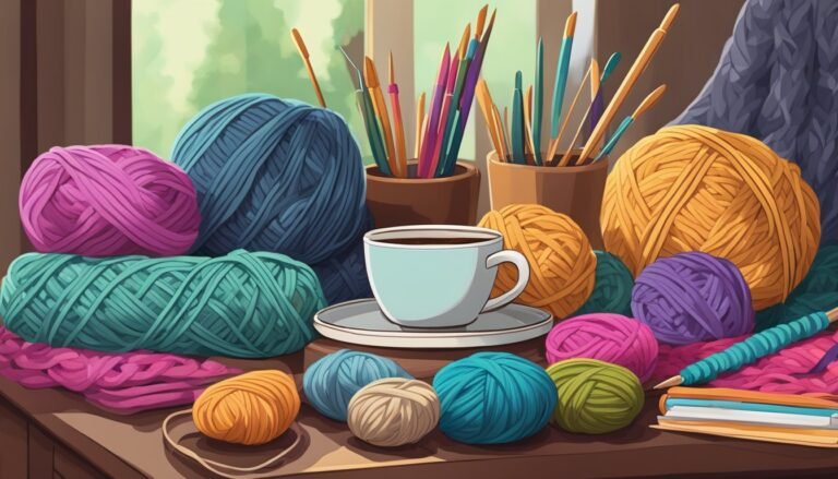 Colorful yarn balls, knitting needles, and a coffee cup on a table