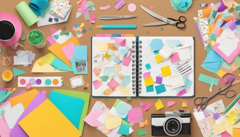 Scrapbooking supplies, notebook, and camera scattered on a brown surface