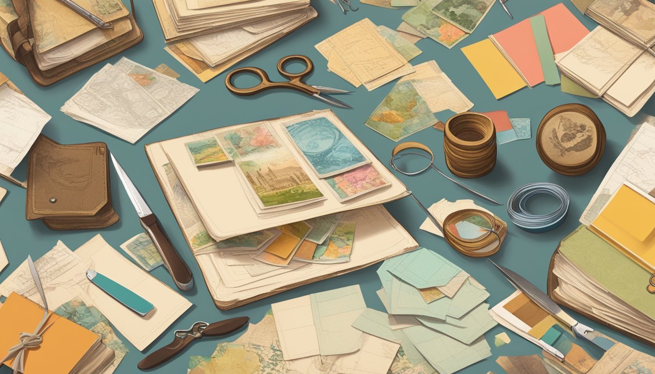 Vintage postcards arranged on a table with scissors, glue, and colorful paper.</p><p>A scrapbook album open with various decorative elements scattered around