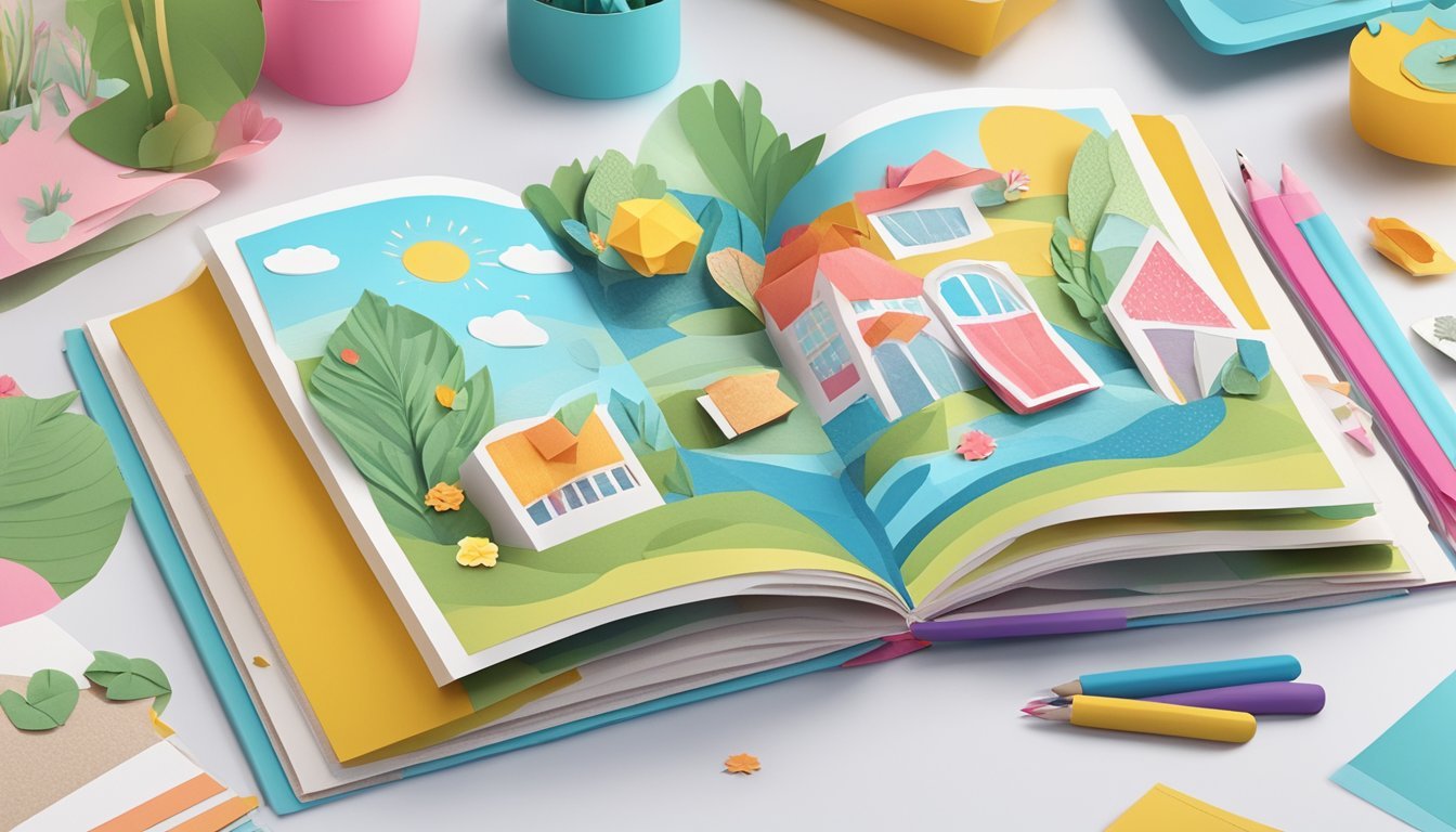 A scrapbook with colorful pop-up elements including photos, stickers, and decorative paper.</p><p>Each page features unique 3D designs and interactive elements