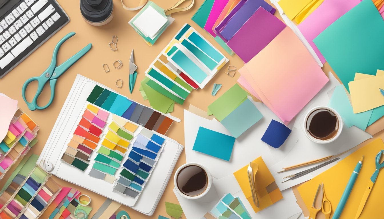 A table scattered with colorful fabric swatches, scissors, glue, and photos, creating a vibrant and creative scrapbooking workspace