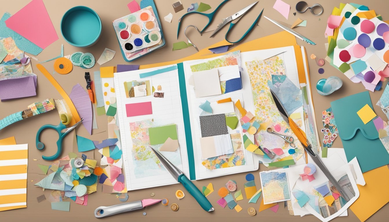 A table scattered with colorful paper, stickers, ribbons, and photos.</p><p>Scissors, glue, and markers are nearby.</p><p>A finished scrapbook sits open, displaying a mix of patterns and textures