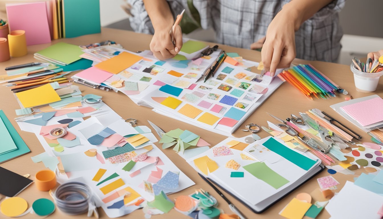 A table scattered with colorful paper, stickers, and photos.</p><p>Scissors, glue, and markers are arranged around the workspace.</p><p>A finished scrapbook album sits open, showcasing personalized themes and designs