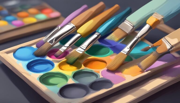 Paintbrushes dipped in colorful paint on a wooden palette