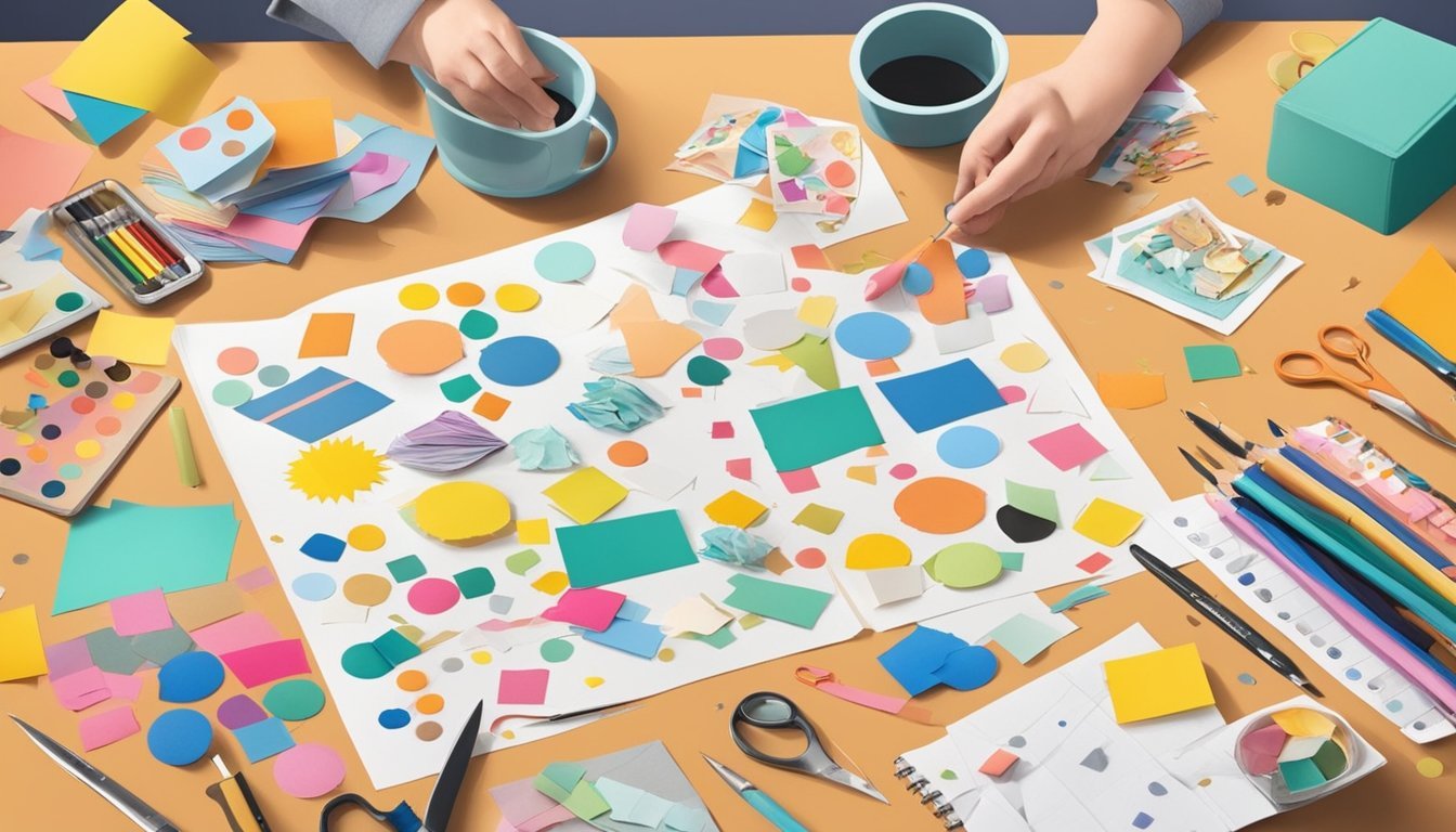 A table scattered with colorful paper, stickers, ribbons, and photos.</p><p>Scissors, glue, and markers are strewn about as someone works on a personalized scrapbook page