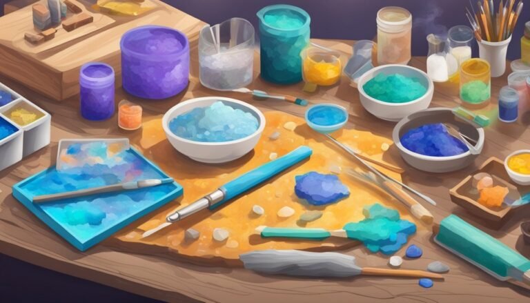 Art supplies, including paints, brushes, and bowls of colorful pigments, on a table