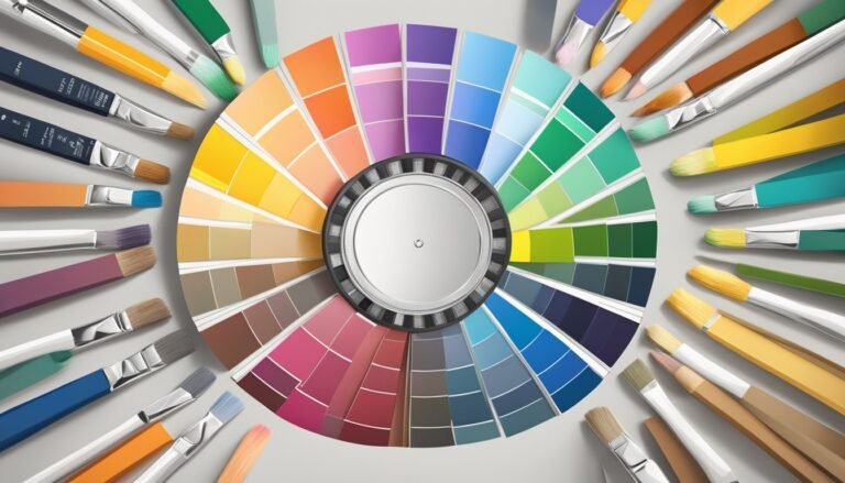 Color wheel surrounded by paint brushes of various colors