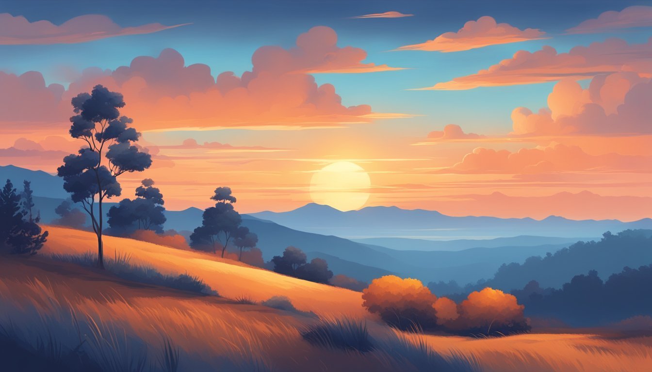 A serene landscape at sunset with warm orange and cool blue tones blending harmoniously, creating a perfectly balanced color scheme for the artist to recreate