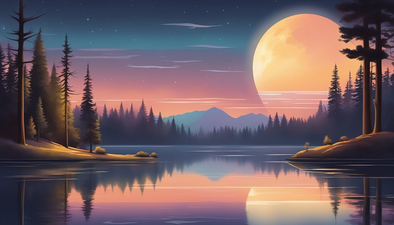 A tranquil lake reflecting the warm hues of a sunset on one side, while the cool tones of a moonlit forest are seen on the other