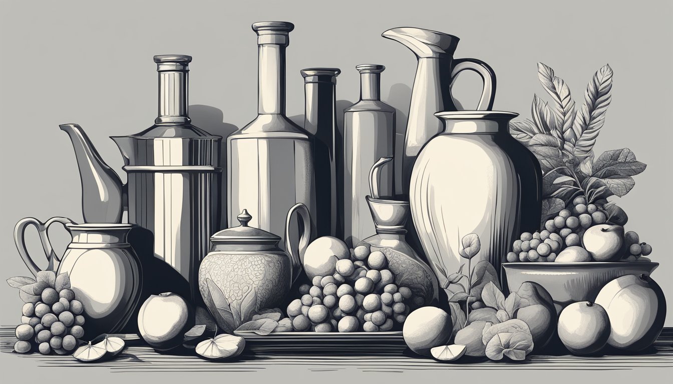 A still life of various objects arranged in a harmonious monochromatic color scheme, with careful attention to balance and contrast