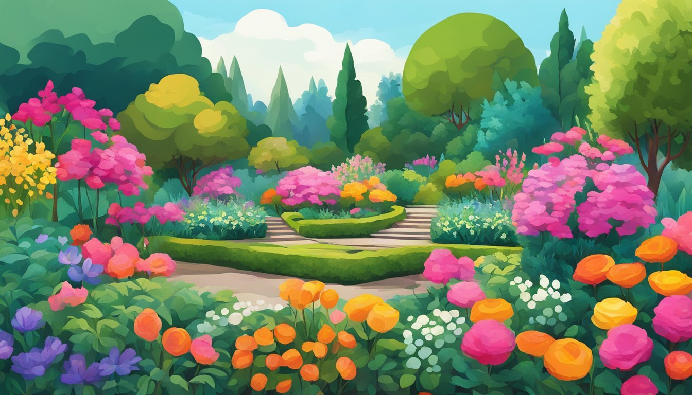 A vibrant garden with a mix of bold and muted colors, showcasing the balance between contrast and saturation in nature