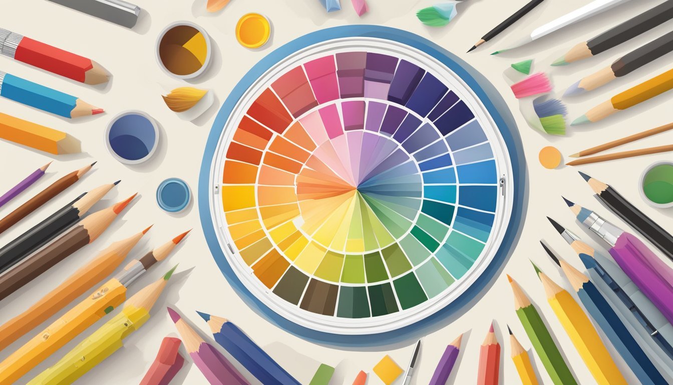 A color wheel surrounded by various art supplies, with a mix of warm and cool tones to demonstrate balanced color schemes