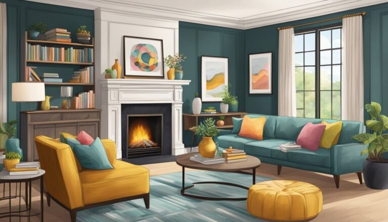 Cozy living room with fireplace, teal sofa, and colorful decor