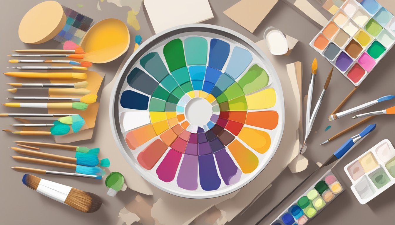 A color wheel surrounded by various art supplies, with a paintbrush mixing different shades on a palette.</p><p>Bright, complementary colors contrast with muted tones