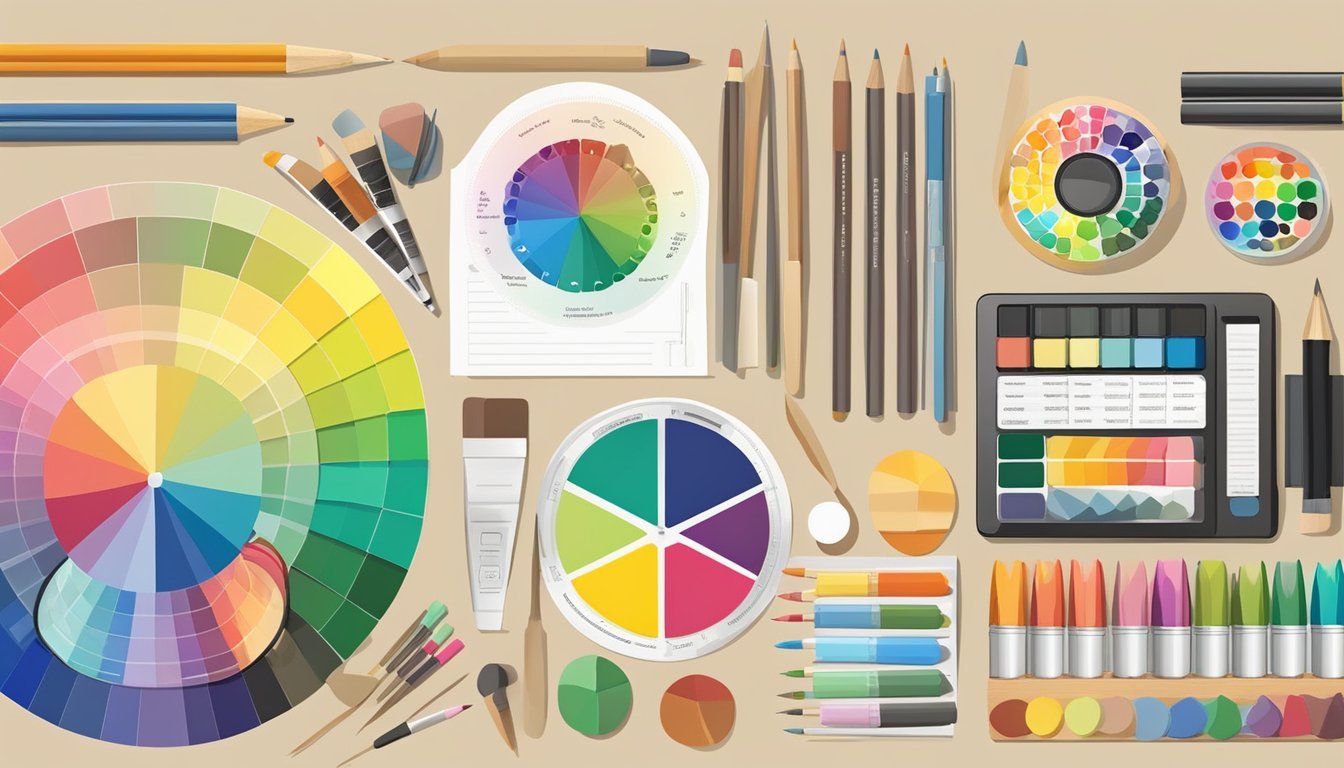 A color wheel surrounded by various art supplies, with examples of complementary, analogous, and triadic color schemes displayed